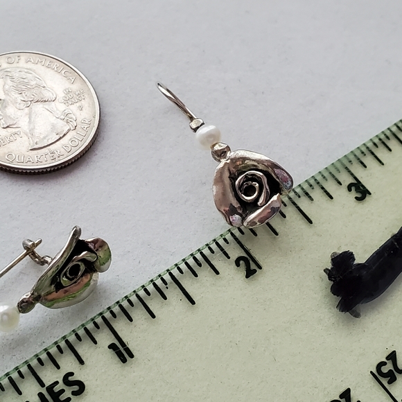 PZ ISRAEL Sterling Rose Earrings with White Cultured Pearl 1.25”L - Picture 14 of 15